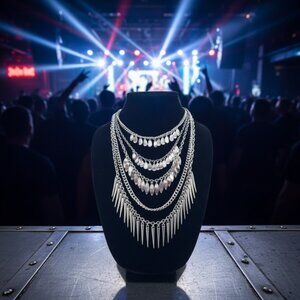 Premier Designs Necklace 5 layer silver with faux spike pendents & other accent